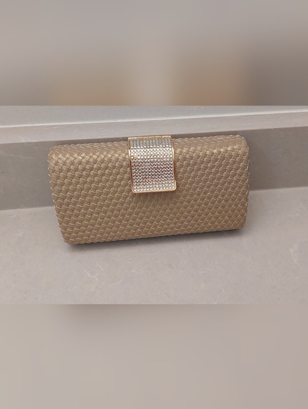 Sondra Roberts Gold Woven Evening Clutch with Rhinestone Clasp